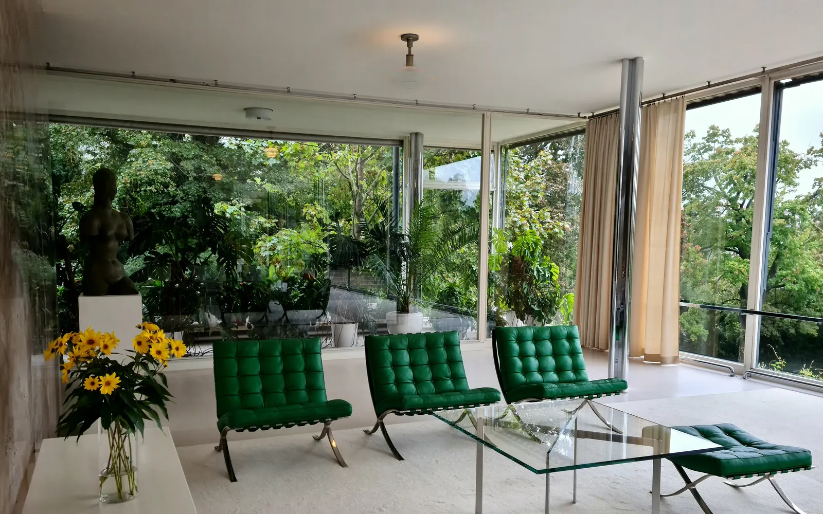 El salón principal de la Villa Tugendhat con sillas Barcelona verdes dispuestas ante el alto muro de cristal